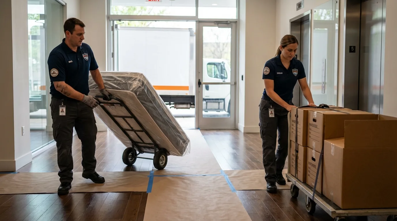 Professional apartment movers loading elevator in Dickson, TN