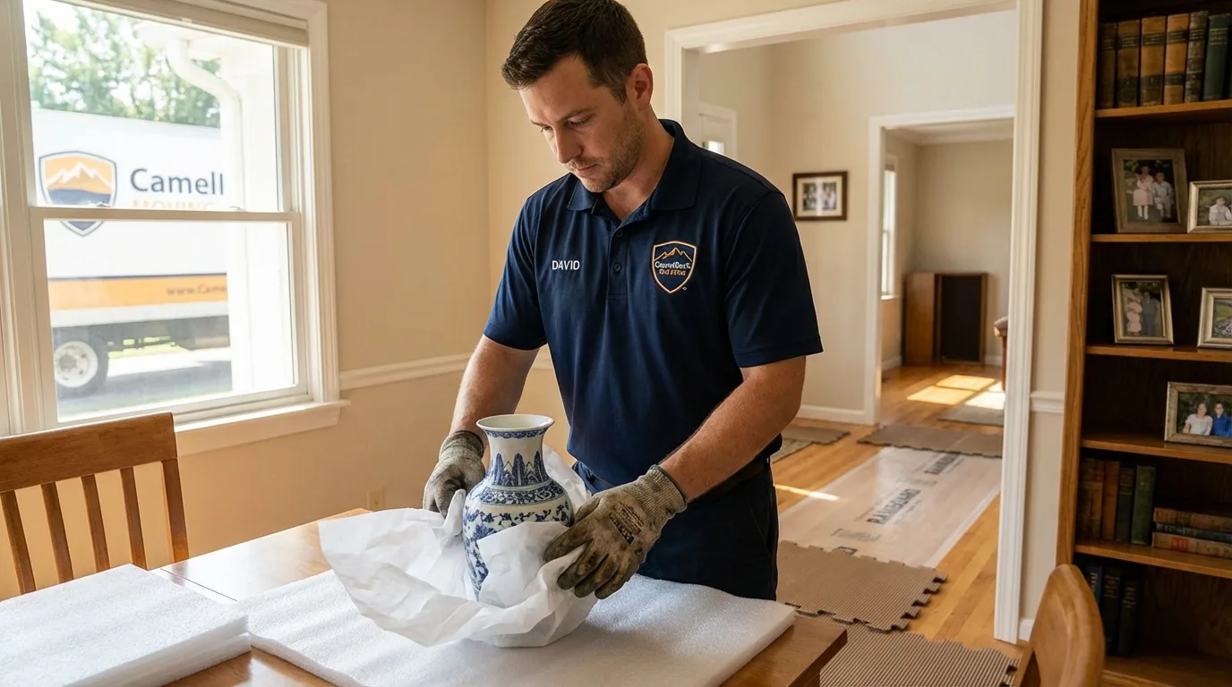 Professional crew carefully wrapping antique vase for senior downsizing move in Dickson, TN